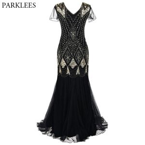 Brilhante Lantejoulas De Ouro Preto Fishtail Long Flapper Dress Mulheres Vintage Comprimento Do Assoalho Lace Maxi Dinner Party Vestidos Female Vestidos 210522