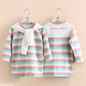 Baby Rainbow Dress Spring Autumn Kids Clothes Children's College Style Casual Wear Leisure Dresses For Girls 210529