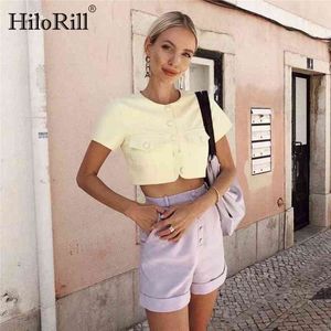 Verão sólido casual shorts mulheres alta cintura botão mosca roxo lado bolsos streetwear senhoras fundos 210508