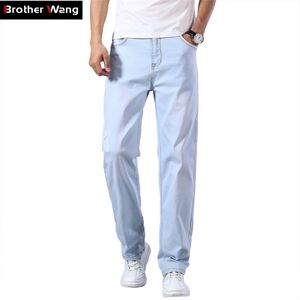 Плюс размер 40 42 44 мужской светло-голубые джинсы свободные прямые продвинутые растягивающие джинсовые штаны мужская бренд одежда 210716
