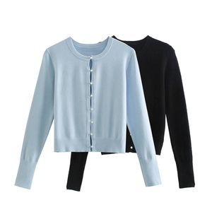 Solid Pearl Buttons Knitted Cardigan ZA Female Single Breasted Fashion O-Neck Sweater Spring Autumn Chic Female Tops 210521