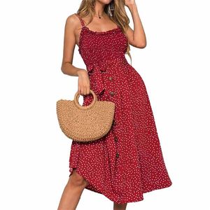 Sexig Sommar Ärmlös Slip Dres Strapless Bow Button Loose Bandage Pläterad Polka Dot Sundress Casual Backless Vestidos 210623