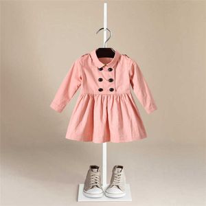 Girls Classic British Style lapel Long Sleeve Double-breasted Round Neck Insert Bag Windbreaker Dress girl clothes Q0716