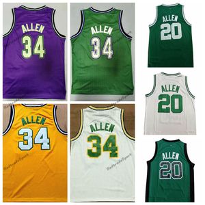 Vintage 1996-97 Ray Allen baskettröjor Herr Lila GRÖN #34 #20 Vita sydda skjortor S-XXL Mesh hög kvalitet