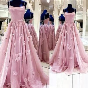 Sexy Blush Różowy Prom Dresses Spaghetti Paski Kwiaty A-Line Girl Dress Sukienka na studia Słodkie Długie Tulle Suknie Wieczorowe Robe de Soire