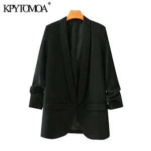 KPYTOMOA Women Fashion Office Wear Basic Black Blazer Coat Vintage Pleated Sleeve Pockets Female Outerwear Chic Tops 210930