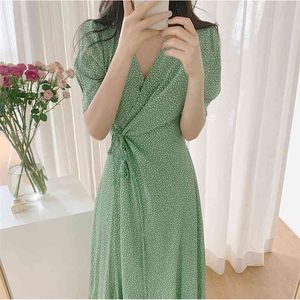 Yaz kadın Yeşil Wrap Elbise Zarif Bayanlar Çiçek Şifon Vestidos 210514