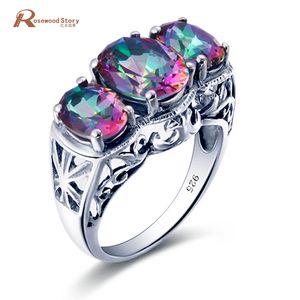 Solid 925 Sterling Silver Cocktail Ring Rainbow Mystic Oval Topaz Crystal Stone Ring Charm Fashion Women Wedding Party Jewelry