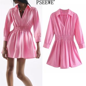 Popelin Różowy Krótki Kobiet Suknie Lato V Neck Długi Rękaw Casual Kobiet Elastyczna Talia Niebieska Mini Dress 210519