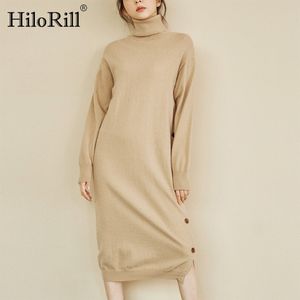 Women Fashion Long Turtleneck Sweater Dresses Side Button Split Knitted Chic Sleeve Solid Casual 210508