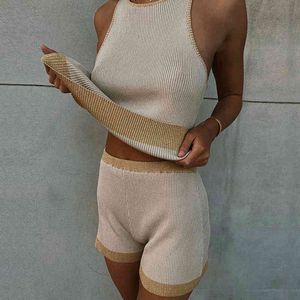 Fashion Two piece sets summer beach suit knit sweater o neck gold silk edge contrast sweater shorts two piece suit 210514