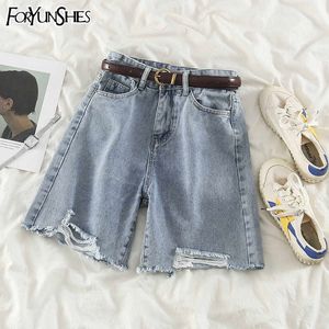 Foryunshes Dames Denim Shorts Ripped Jeans Hoge Taille Gaten Burr Vintage Casual Rechte Korte Broek Zomer Koreaans 210709