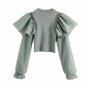 Mulheres tricotadas Top Long Ruffled Sleeves Camisola Contraste Pullover Casual Moda Sweater Femme vetement Ropa Mujer 210709