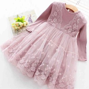 Meninas Princesa Vestido Primavera Crianças Es Mangas Longa Lace Malha para Menina Outono Cute Children Roupas Party 210515