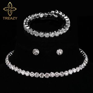 Treazy Circle Crystal Bridal Smycken Sats Silver Färg Afrikanska Pärlor Rhinestone Bröllop Halsband Örhängen Armband Set för Kvinnor