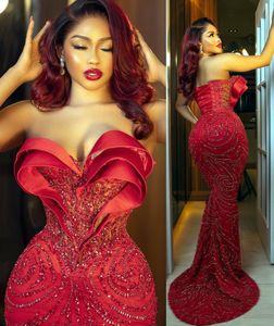 2022 Plus Size Arabski ASO EBI Luksusowy Czerwony Mermaid Prom Dresses Zroszony Stylowy Evention Formal Party Druga Recepcja Urodziny Suknie Zaręczynowe Sukienka ZJ204