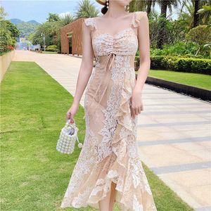 summer fashion temperament women sleeveless lace patchwork V-neck sexy Lace dress with trim 210531