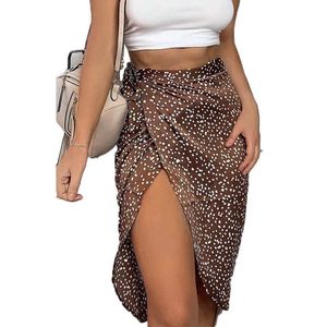 Vintage Dot Print Midi Skirts Women High Waist Lace Up Party Summer Sexy Split Wrap Hip Ladies Asymmetry 210526