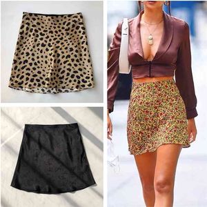 100% Mulheres de seda Mini Saia Moda Leopardo Floral Impressão Doce Pacote Hip Curto Saias Primavera Verão 210708