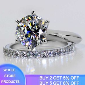 Klusterringar fantastiska! Luxury 1,5CT Zircon Rings Set Solid White Tibetan Silver Wedding Band Set For Women Stackbar Ring Allergy Free Jewelry G230228