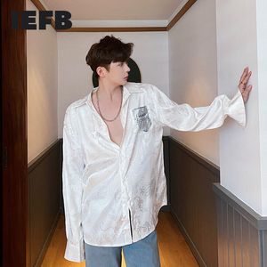 IEFB Verão Design Chinês Dragão Bordado Cetim Branco Camisa Coreano Loose Manga Longa Camisas Moda Lapel Tops Y6621 210524