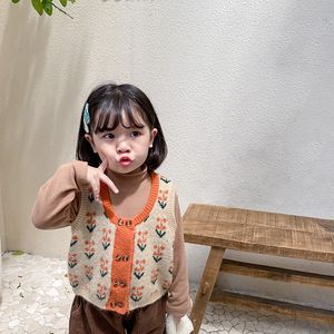 Autumn Winter cute girls floral knitted sleeveless sweaters soft warm brocade waistcoats 210508