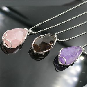 Silver Plated Wire Wrap Irregular Necklace Cut Gemstone Healing Energy Natural Crystal Pendant Necklaces Amethyst powder tea