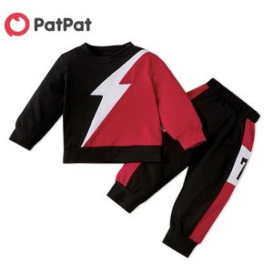 Spring and Autumn 2-piece Baby / Toddler Colorblock Long-sleeve Top Striped Pants Set for Kids Boy 210528