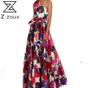 Women Dress Irregular Off Shoulder Print Dresses Plus Size Long Asymmetry Vintage Sexy Flowers Clothes 210524