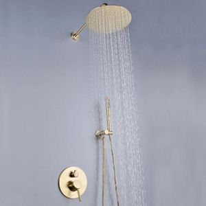 バスシャワーの蛇口セットブラシをかけられた金の固体真鍮の降雨量10インチ304ステンレススチール製ヘッドの壁に取り付けられたバスルームセット