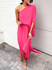 Women 2020 Summer Solid Ruffles Off One Shoulder Dresses Short Sleeve Loose Side Slit Long Maxi Kaftan DrSlit Dress X0529