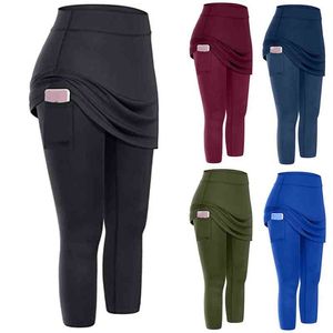 Leggings sportivi per fitness Donna Tennis Leggings con gonna Tasche Sport elastici Yoga Capris Gonne Legging pantaloni activewear H1221