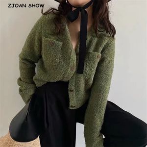 Autumn Circle Cashmere Buttons Knitting Crop Cardigan Women Round Collar Single-breasted Sweater Long sleeve Short Jumper 210429