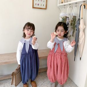 Korean style Spring Summer boys and girls pure cotton oversized overalls Children plaid loose suspender pants 210508
