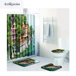 Banho tapetes 4pcs Villa ao lado do rio Casa de Banho Banyo banheiro banheiro banheiro Bathmat Conjunto Tapis Salle Bain Alfombra Bano