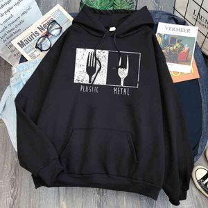 Knife And Fork Print Man Sweatshirt Pocket Casual Fleece Hoody Streetwear Male Vintage Cartoons Hoody Top Anime Hip Hop Hoodies H1227