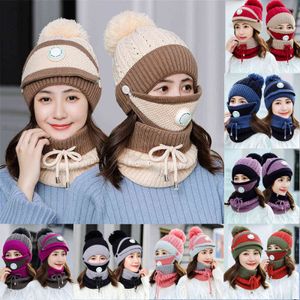 3pcs / set Girls Winter Knit Hat och Scarf Set Child Plush Warm Pom Cap Scarves With Mask Respirator Big Circular