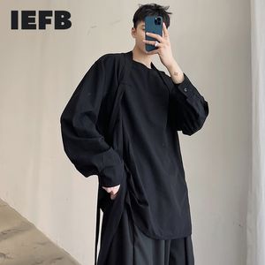 IEFB personalizado bandage design tendência redonda pescoço de manga comprida t-shirt de pulôver para homens solto causal tee Tops 210524