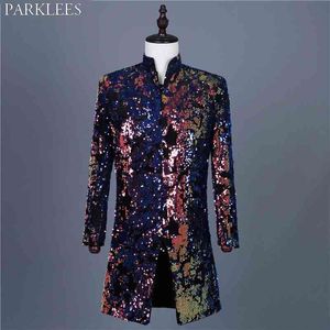 Mens Luxury Flipping Sequin Shiny Blazers Märke Mandarin Collar Tuxedo Suit Blazer Men Party Show Prom Kostymer för sångare 210522