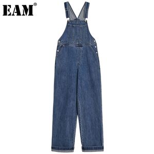 [EAM] Blå Casual High Waist Denim Rem Byxor Lös passform Full längd Byxor Kvinnor Mode Vår Sommar 1DD8494 21512