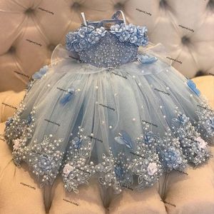 Sky Blue 3D Floral Flower Girls Dresses Robe Mariage Enfant File 2021 Pärlor Lace Tulle First Communion Dress for Wedding