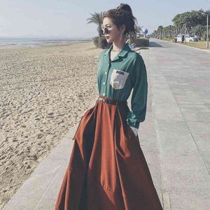 Casual Patnchwork Button Up Women Shirt Dress Pockets Notched Collar Ladies Maxi Dresses Spring Chic Plus Size Female Robe 210521