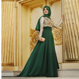 New Hot Arabic Green Muslim Dubai Kaftan Evening Dresses Hijab Lace Prom Lokaler med Full Sleeves Golvlängd Vestido de Festa D036