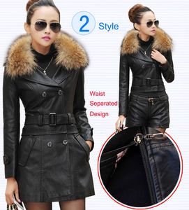 Wholesale- Leather Coat women New Style Waist Separated Desigan Women Fur Collar Leather Jacket Women suede Coat Female coat plus Size