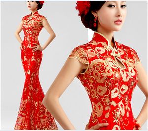 Toptan satış kırmızı dantel balık kuyruğu cheongsam elbise tost giyim İnce 9212 qipao çince cheongsam geleneksel çince elbise