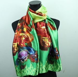 1pcs Red Purple Rose Rose Green Scarves Women's Fashion Satin Oil Painting Long Wrap Shawl Beach Silk Scarf 160X50cm