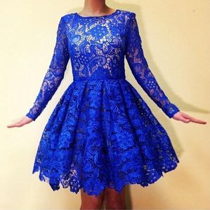 Long-sleeved Blue Lace Homecoming Dresses Knee Length Ruched Top Quality Dresses Party Evening Simple Classic Short Prom Party Dresses