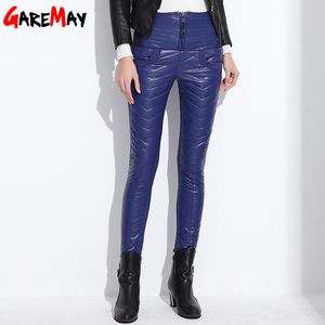 Winter Warm Leather Trousers For Women Duck Down Hight Waist Ladies Femme Pencil Stretch Pants PU Red Trouser Skinny Long Pant q171135