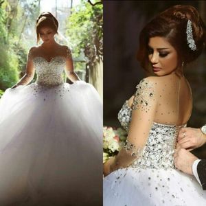 Vestidos de casamento Imagem Real Vestidos de Noiva de Cristal de Luxo com Miçangas Ilusão Transparente Tripulação Pescoço Mangas Compridas Plus Size Lace-up Espartilho Voltar