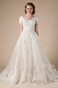 Abiti da sposa modesti vintage in tulle di pizzo a-line con applicazioni a maniche corte Abiti da sposa LDS country occidentali formali Abiti da sposa del tempio